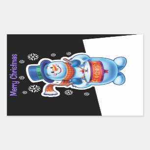 Christmas black rectangle sticker Snowman drummer.