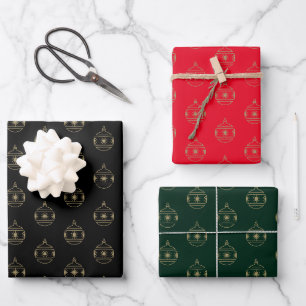 Christmas black red dark green gold cute ornaments wrapping paper sheet
