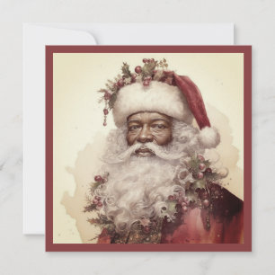 Christmas Black Santa - Rococo Red & Greenery Holiday Card