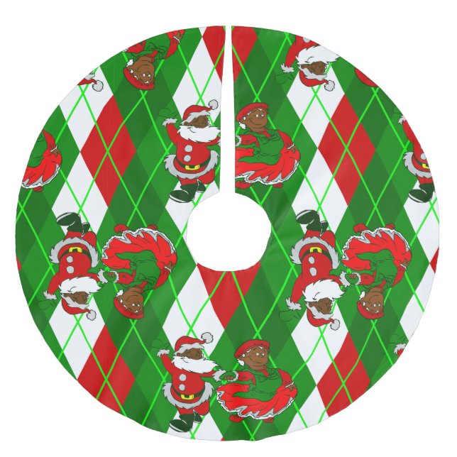 christmas black santa wife plaid brushed polyester tree skirt (Front)