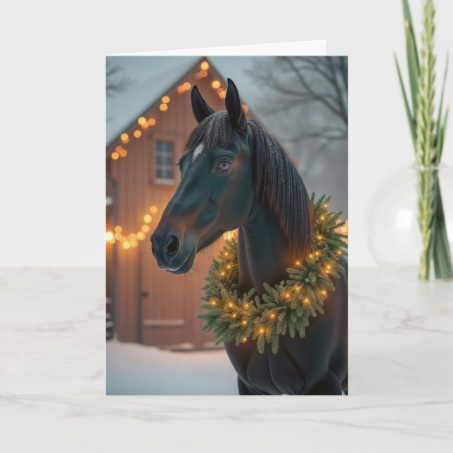 Christmas Black Stallion With Wreath Holiday Card (Front)