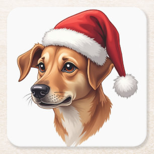 Christmas Black Tan Dog in Santa Hat Square Paper Coaster