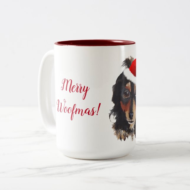Christmas Black Tan Long Haired Doxie Santa Hat Two-Tone Coffee Mug (Front Left)