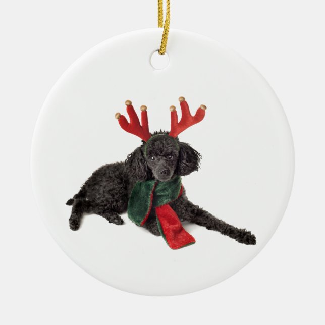Christmas Black Toy Poodle Dog Dressed as Reindeer Ceramic Tree Decoration (Front)