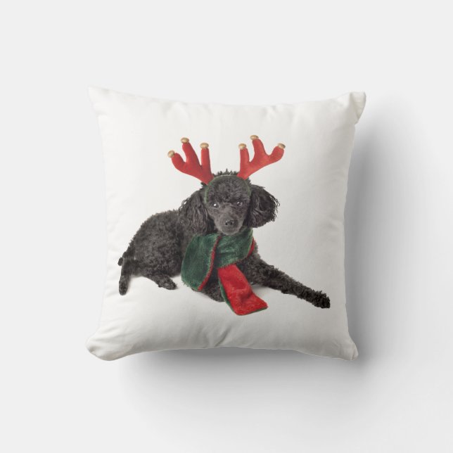 Christmas Black Toy Poodle Dog Dressed as Reindeer Cushion (Front)