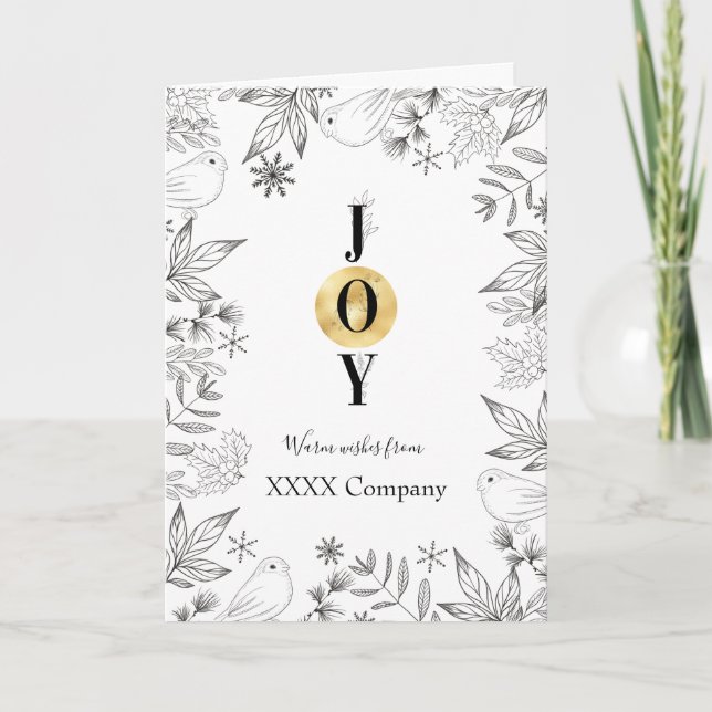 Christmas black white gold floral script business holiday card (Front)