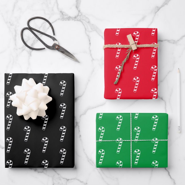 Christmas black white red green candy cane pattern wrapping paper sheet (Front)