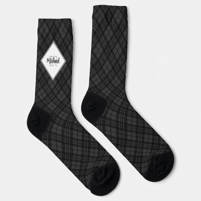 Christmas Black white tartan Personalize Monogram Socks (Right)