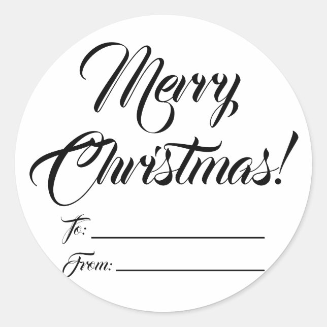 Christmas black white to from blank script elegant classic round sticker (Front)