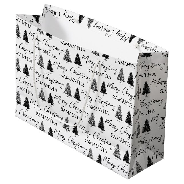 Christmas Black White Xmas Rustic Pine Tree Large Gift Bag (Front Angled)