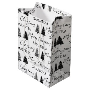Christmas Black White Xmas Rustic Pine Tree Medium Gift Bag