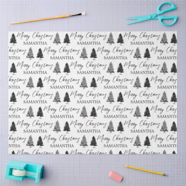 Christmas Black White Xmas Rustic Pine Tree   Tissue Paper (Craft)