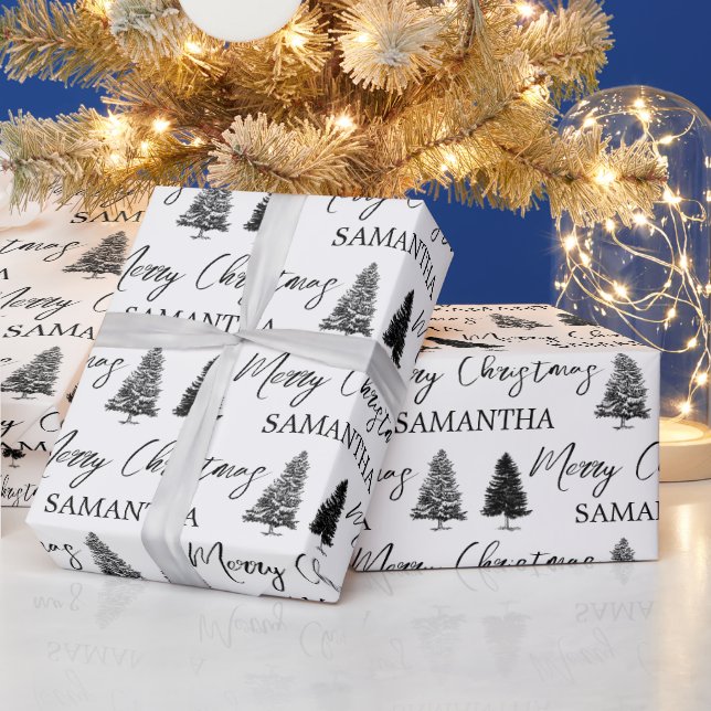 Christmas Black White Xmas Rustic Pine Tree   Wrapping Paper (Holidays)