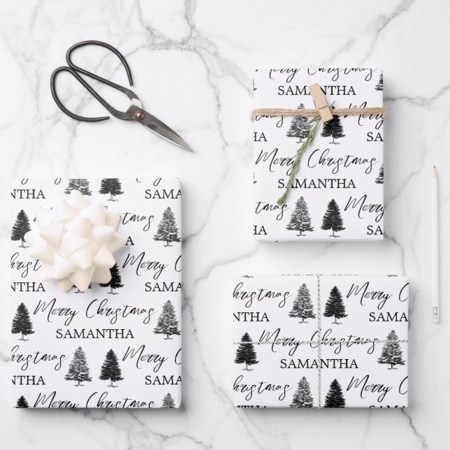 Christmas Black White Xmas Rustic Pine Tree  Wrapping Paper Sheet (Front)