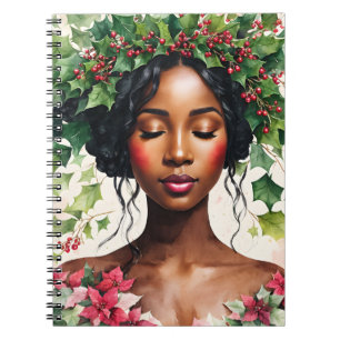 Christmas Black Woman Holly and Poinsettia Art Notebook