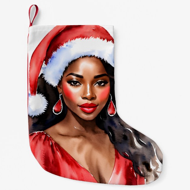 Christmas Black Woman Santa Hat Small Christmas Stocking (Front)