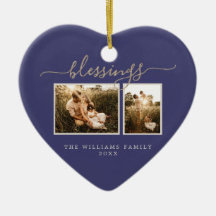 Christmas Blessing 2 Photo Dark Blue Family Ceramic Tree Decoration