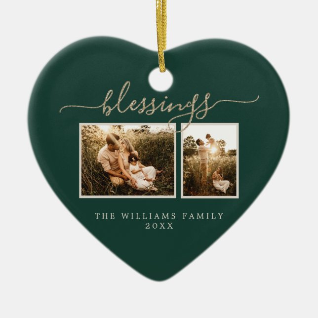 Christmas Blessing 2 Photo Dark Green Family Ceramic Tree Decoration (Front)