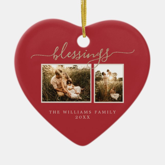 Christmas Blessing 2 Photo Red Family Ceramic Tree Decoration (Front)