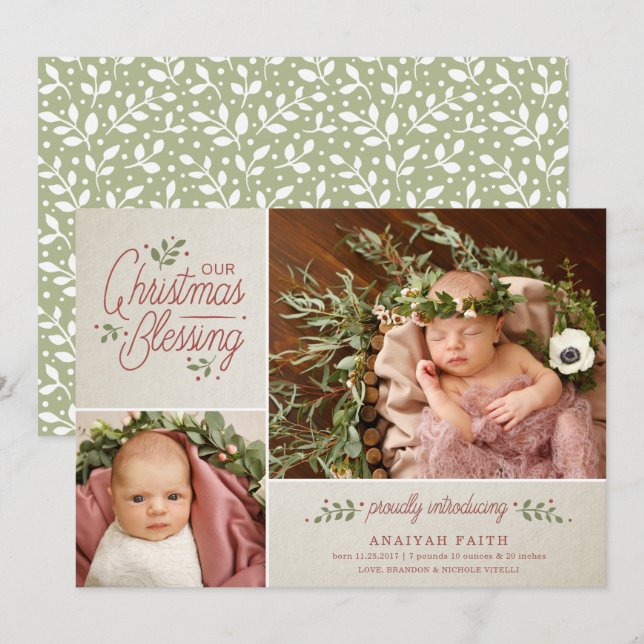 Christmas Blessing Photo Birth Announcement | Tan (Front/Back)