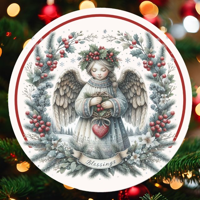 Christmas Blessings Angel Green Pine Red Berries Classic Round Sticker (Creator Uploaded)