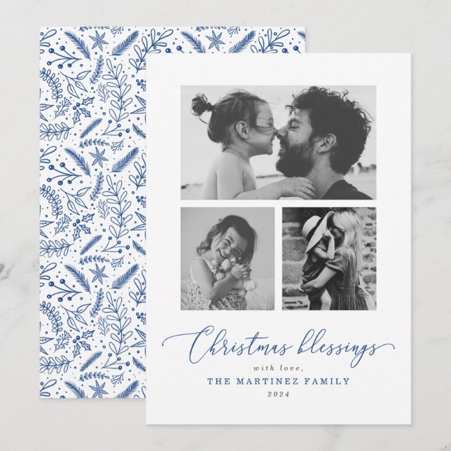 Christmas Blessings Blue Script Multiple Photo Holiday Card (Front/Back)