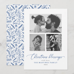 Christmas Blessings Blue Script Multiple Photo Holiday Card