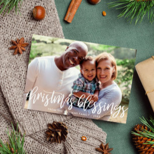 Christmas Blessings Brush Script Family Photo Holiday Card
