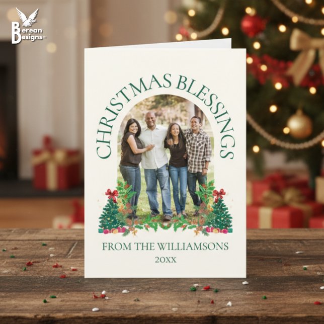 CHRISTMAS BLESSINGS Family Photo Card (Festive Family photo Christmas card with customizable photo and text. Ideal card for Christians)