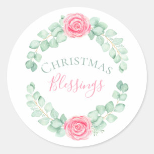 Christmas Blessings Floral Eucalyptus Watercolor Classic Round Sticker
