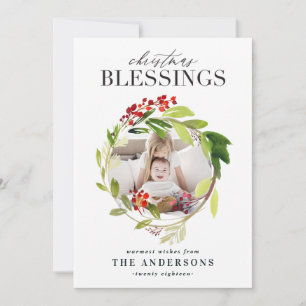 Christmas Blessings floral wreath photo Holiday Card
