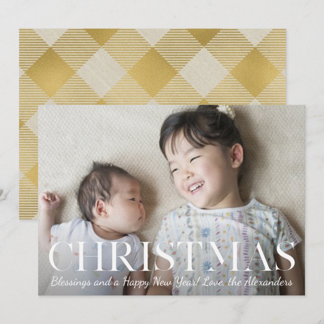 Christmas Blessings Gold Buffalo Plaid Photo Holiday Card (Front/Back)