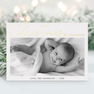 Christmas Blessings gold foil newborn baby photo Holiday Card