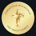 Christmas Blessings Gold Sticker with Cross<br><div class="desc">A beautiful gold sticker for a religious person of faith. A modern gold cross sits on a gold background. Christmas Blessings is written in an elegant and formal font in a curved text above the cross. Your family name is written below in the same font and curved upward.</div>