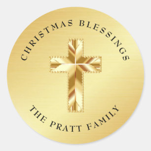 Christmas Blessings Gold Sticker with Cross