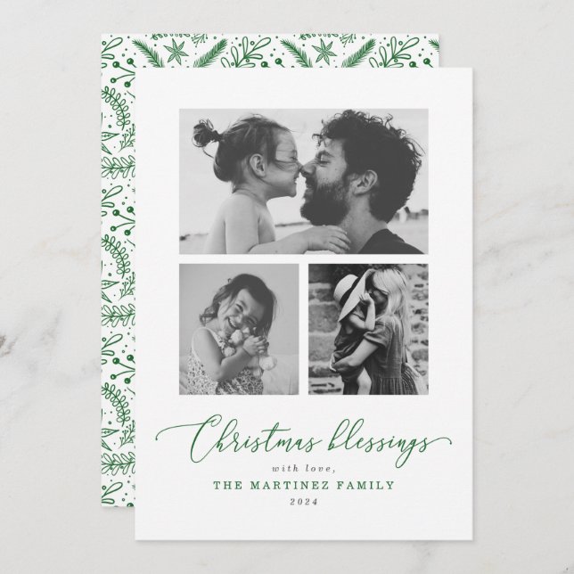 Christmas Blessings Green Script Multiple Photo Holiday Card (Front/Back)