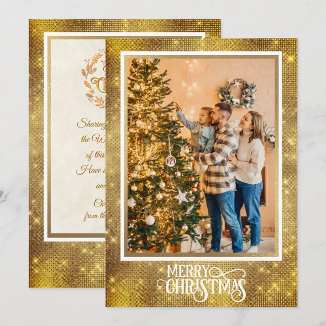 Christmas Blessings I Family Photo and Gold Script Holiday Card (Front/Back)