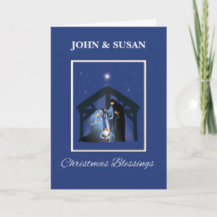 Christmas Blessings Manger on Blue Card
