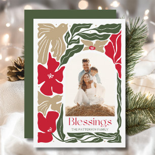 Christmas Blessings Modern Floral Family Photo Holiday Card