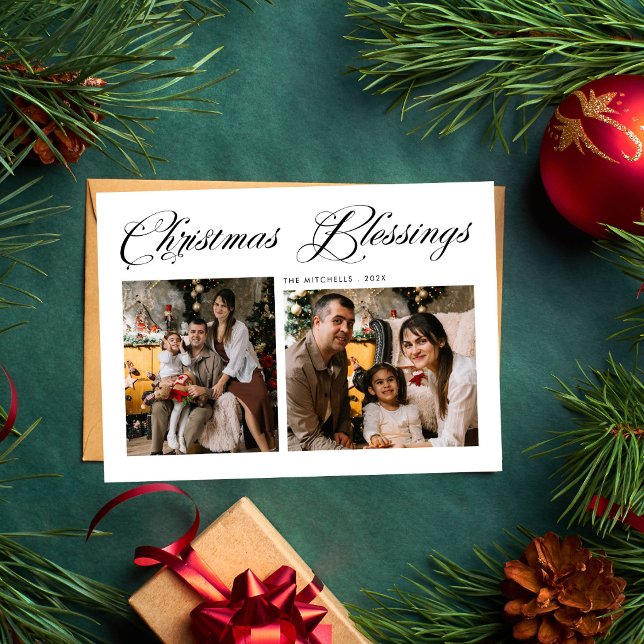 Christmas Blessings Modern Script 3 Photo  Holiday Card (Creator Uploaded)