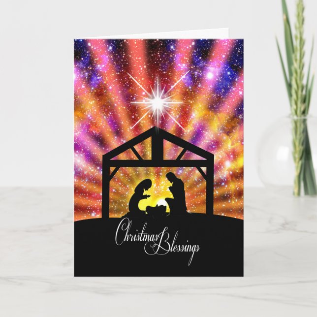 Christmas Blessings Nativity at sunset Christmas Holiday Card (Front)