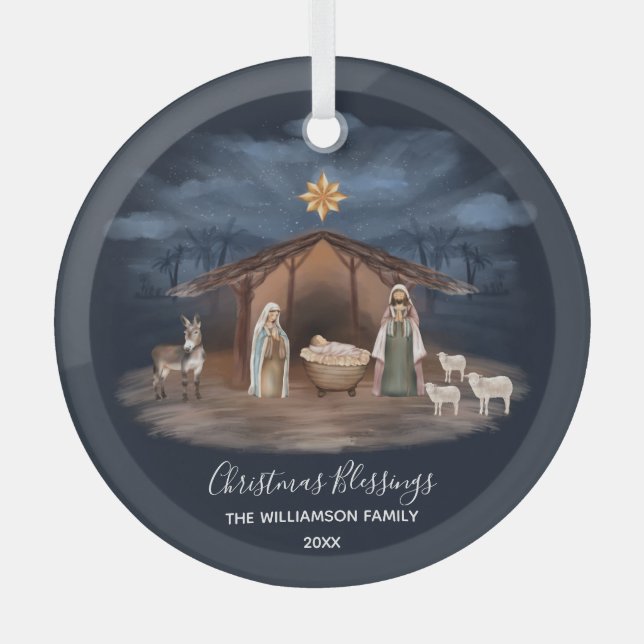 Christmas Blessings Nativity Christian Glass Tree Decoration (Front)