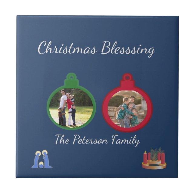 Christmas Blessings Ornaments | 2 Editable Photos Tile (Front)
