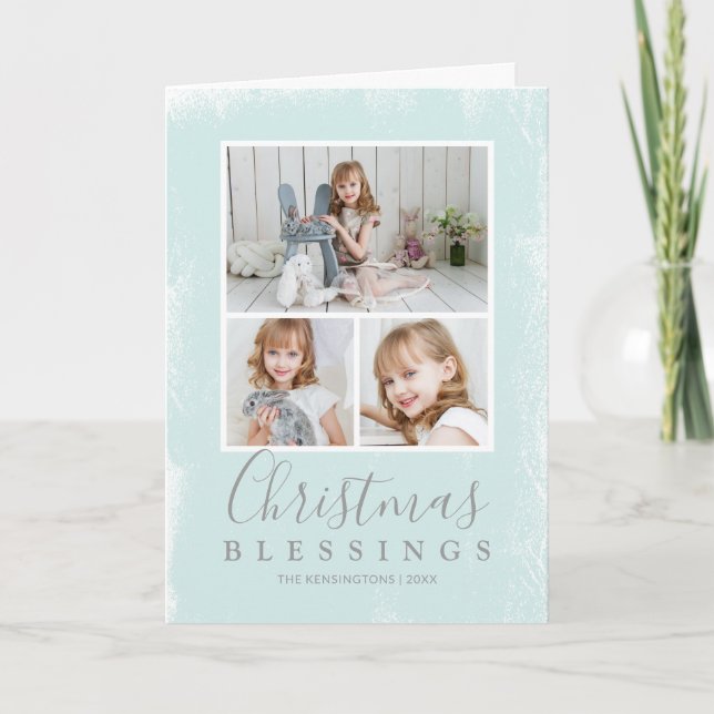 Christmas Blessings Pastel Green Photo Collage Holiday Card (Front)