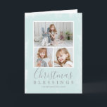 Christmas Blessings Pastel Green Photo Collage Holiday Card<br><div class="desc">Send out holiday cheer with this simple and modern folded Christmas card featuring a photo collage with three of your favorite family photos over a mint green texture background with the religious greeting, "Christmas Blessings" along with your family name and the year. Add your personal message to the inside or...</div>