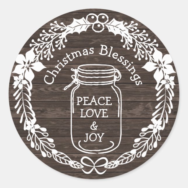 Christmas Blessings Peace Love Joy Mason Jar Classic Round Sticker (Front)