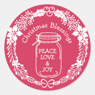 Christmas Blessings Peace Love Joy Mason Jar Classic Round Sticker