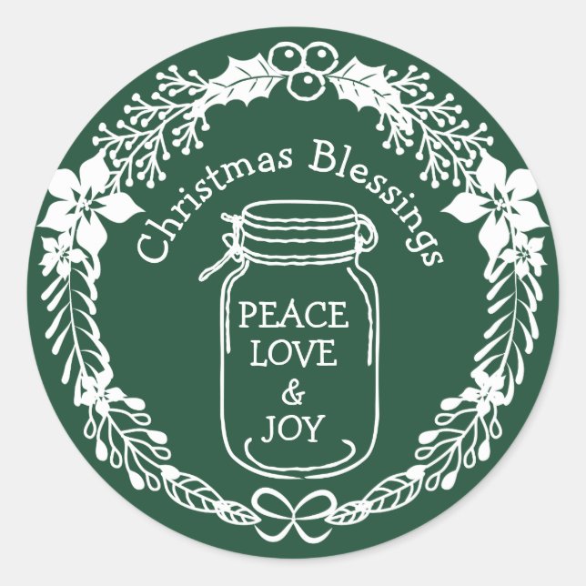 Christmas Blessings Peace Love Joy Mason Jar Classic Round Sticker (Front)