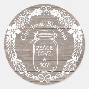 Christmas Blessings Peace Love Joy Mason Jar Classic Round Sticker