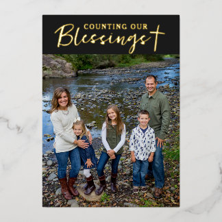 Christmas Blessings Photo Cross Script Faith Black Foil Holiday Card